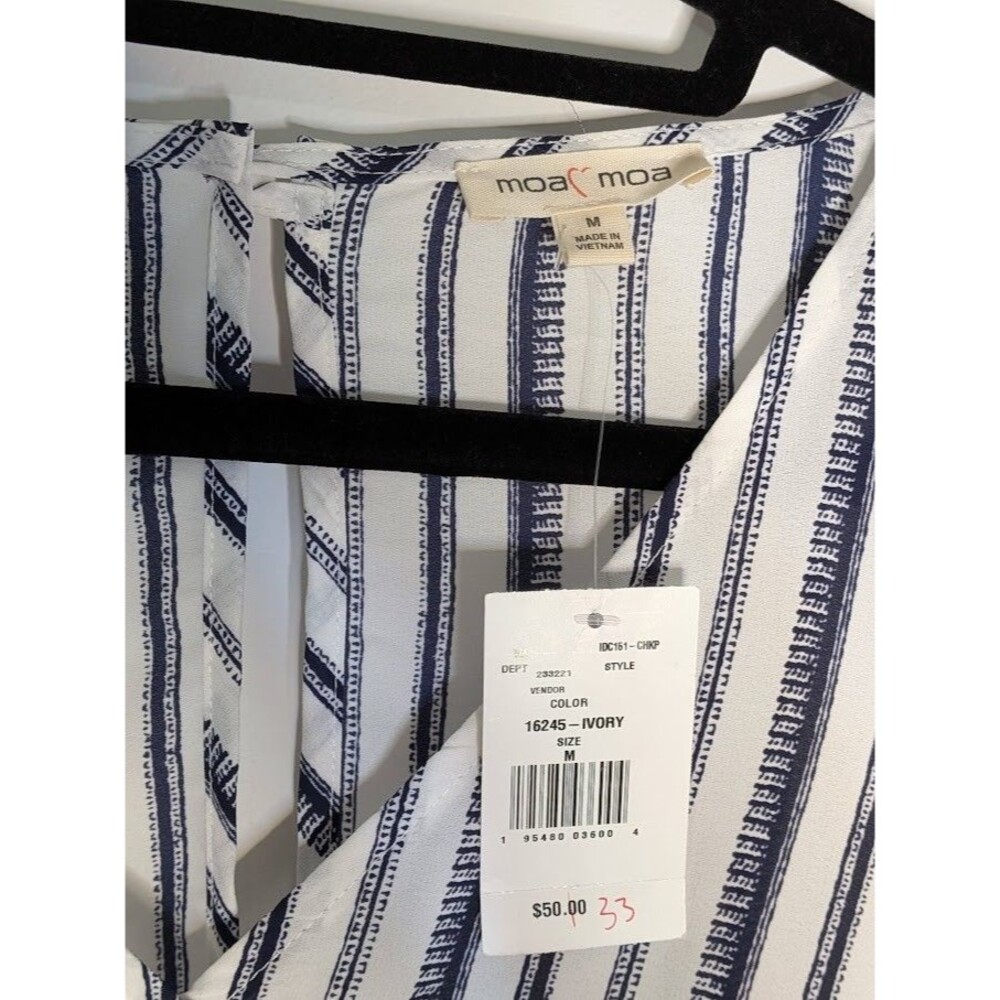 Moa Moa NWT Striped Romper M Ivory Blue Nursing-Friendly Snap V-Neck Ruffle POCK